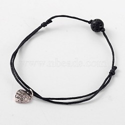 Trendy Waxed Cotton Cord Anklets, with Lava Rock Beads and Tibetan Style Antique Silver Alloy Heart Charms, 150~300mm(AJEW-AN00121-01)