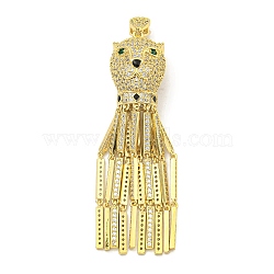 Brass Micro Pave Cubic Zirconia Big Pendants, with Enamel, Leopard Head with Tassel, Real 18K Gold Plated, 79x19x20mm, Hole: 5.5x2mm and 3.5x1.5mm(KK-K354-12G)