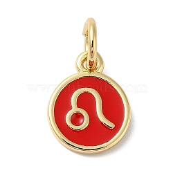 Real 18K Gold Plated Brass Enamel Charms, with Jump Ring, Long-Lasting Plated, Lead Free & Cadmium Free, Flat Round with Leo Charms, Red, 10x8x1mm, Hole: 4mm(KK-L216-001G-H03)