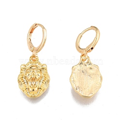 Brass Lion Dangle Leverback Earrings for Women, Cadmium Free & Nickel Free & Lead Free, Real 18K Gold Plated, 30mm, Pin: 1mm(EJEW-N012-76LG)