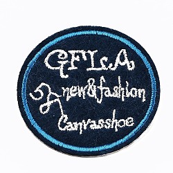 Round with Word Appliques, Computerized Embroidery Cloth Iron on/Sew on Patches, Costume Accessories, Prussian Blue, 53x1mm(DIY-S041-092B)