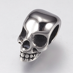 304 Stainless Steel European Beads, Large Hole Beads, Skull, Antique Silver, 9.5x7.5x10mm, Hole: 5mm(X-STAS-F144-103AS)