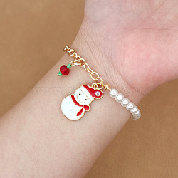 Christmas Jewelry, Alloy Enamel Charm Bracelets for Women, with Plastic Imitation Pearl, Snowman(NB3744-8)