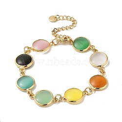 Colorful Flat Round Cat Eye & Brass Link Chain Bracelets for Women, Light Gold, 7-1/8 inch(18.2cm)(NJEW-K269-08KCG)