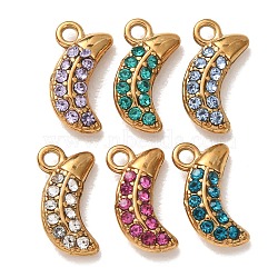 304 Stainless Steel Rhinestone Pendants, Moon Shape Charms, Ion Plating(IP), Real 18K Gold Plated, Mixed Color, 10x5.5x3mm, Hole: 1.2mm(STAS-L318-19G)