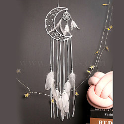 Woven Web/Net with Feather Pendant Decorations, Polyester Cord Hanging Home Decorations, Moon, 1000x200mm(PW-WG37690-02)