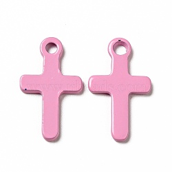 Spray Painted 201 Stainless Steel Pendants, Cross Charm, Pearl Pink, 21x12.5x2mm, Hole: 2mm(STAS-G304-08E)