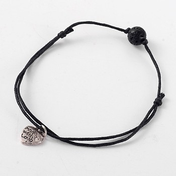 Trendy Waxed Cotton Cord Anklets, with Lava Rock Beads and Tibetan Style Antique Silver Alloy Heart Charms, 150~300mm