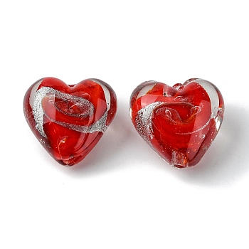 Handmade Silver Foil Glass Beads, Heart, Red, 20x21x12.5mm, Hole: 1.8mm