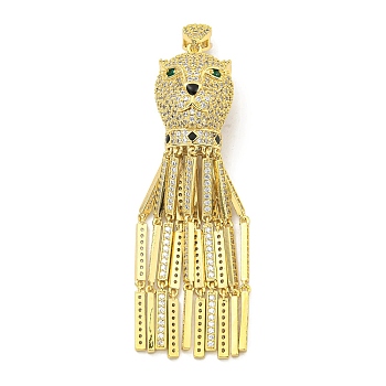 Brass Micro Pave Cubic Zirconia Big Pendants, with Enamel, Leopard Head with Tassel, Real 18K Gold Plated, 79x19x20mm, Hole: 5.5x2mm and 3.5x1.5mm