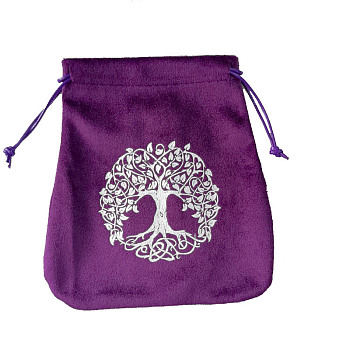 Velvet Tarot Cards Storage Drawstring Bags, Tarot Desk Storage Holder, Purple, Tree of Life Pattern, 16.5x15cm
