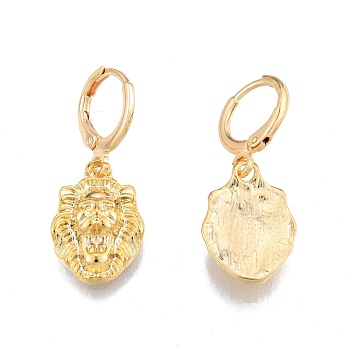 Brass Lion Dangle Leverback Earrings for Women, Cadmium Free & Nickel Free & Lead Free, Real 18K Gold Plated, 30mm, Pin: 1mm