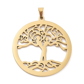 Hollow Out 304 Stainless Steel Pendants, Flat Round with Tree of Life Pattern Charm, Golden, 38x35x1.5mm, Hole: 3x4mm