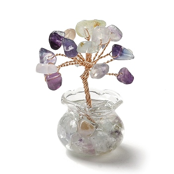 Natural Fluorite Chips Tree Decorations, Glass Vase Base Copper Wire Feng Shui Energy Stone Gift for Home Desktop Decoration, 24x49.5~50mm