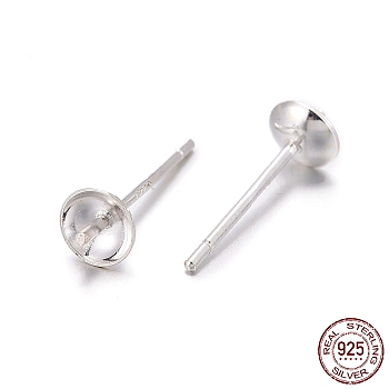 925 Sterling Silver Stud Earring Findings, Silver, Tray: 4mm, 13mm, pin: 0.7mm
