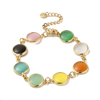 Colorful Flat Round Cat Eye & Brass Link Chain Bracelets for Women, Light Gold, 7-1/8 inch(18.2cm)