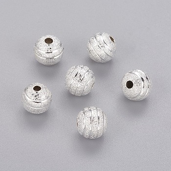 Brass Textured Beads, Round, Silver Color Plated, Size: about 8mm in diameter, hole: 2mm
