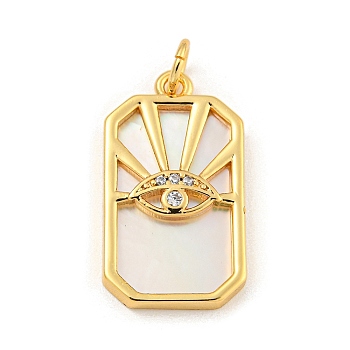 Rack Plating Brass Pave Clear Cubic Zirconia Pendants, Rectangle with Eye Charms with Shell & Jump Ring, Long-Lasting Plated, Cadmium Free & Lead Free, Real 18K Gold Plated, 22x12x2mm, Hole: 3mm