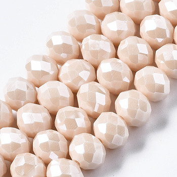 Electroplate Glass Beads Strands, Pearl Luster Plated, Faceted, Rondelle, Navajo White, 10x8mm, Hole: 1mm, about 63~65pcs/strand, 49~50cm