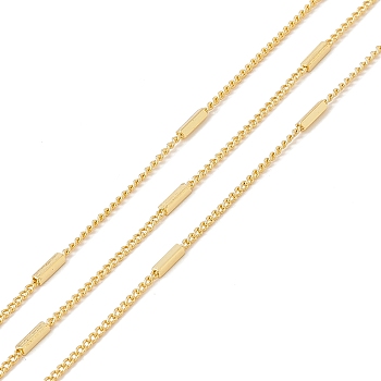 3.28 Feet Brass Curb Chains, Long-Lasting Plated, Soldered, with Rectangle Tube Beads, Cadmium Free & Lead Free, Real 18K Gold Plated, 1.7x1.1x0.4mm, 7.3x1.2x1.2mm