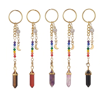 Chakra Natural Mixed Gemstone Bullet Pendant Keychain, with 304 Stainless Steel Moon & Star Charms & Lobster Claw Clasps, Iron Split Key Rings, 13.8~14.5cm