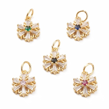 Brass Micro Pave Cubic Zirconia Pendants, with Jump Rings, Real 18K Gold Plated, Long-Lasting Plated, Snowflake, Mixed Color, 17x10x3mm, Jump Ring: 5.5x1mm, Inner Diameter: 4mm