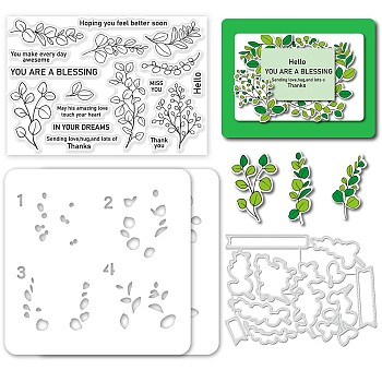 1Pc Carbon Steel Cutting Dies Stencils, with 1 Sheet PVC Plastic Stamps and 1 Set Painting Stencils, for DIY Scrapbooking, Photo Album, Decorative Embossing, Leaf Pattern, Painting Stencil: 15x15cm, Cutting Die: 10.4x14.2x0.08cm, Stamp: about 16x11x0.3cm