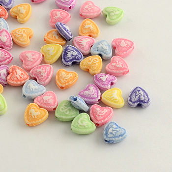 Craft Style Acrylic Beads, Heart, Mixed Color, 9x9x4mm, Hole: 2mm, about 2100pcs/500g