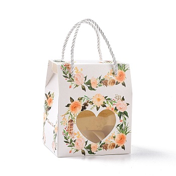 Rectangle Paper Gift Boxes with Handle Rope, Clear Heart Window Box for Gift Wrapping, Floral Pattern, 6.65x6.7x10cm