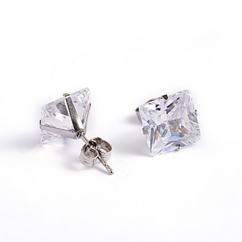 Square Cubic Zirconia Stud Earrings, with 304 Stainless Steel Pins, Clear, 4.5x4mm, Pin: 0.9mm