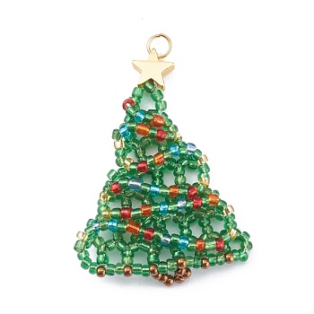 Christmas Trees Shape Pendants, with Glass Seed Beads, Brass Beads and 304 Stainless Steel Jump Rings, Green, 53x33x4.5mm, Hole: 3.5mm