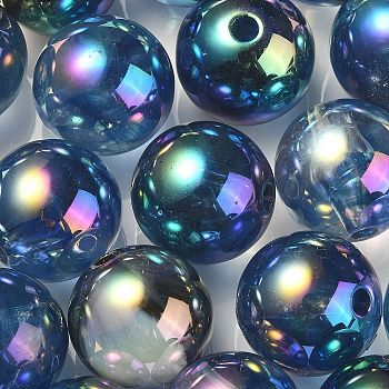 UV Plating Rainbow Iridescent Acrylic Beads, Round, Midnight Blue, 15.5x15mm, Hole: 2.7mm