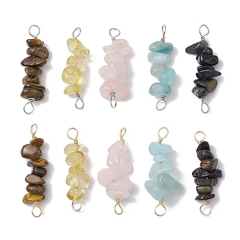 10Pcs 5 Styles Constellation Natural Aquamarine & Citrine & Dyed Blue Tiger Eye & Citrine & Tiger Eye Copper Wire Wrapped Chip Beaded Connector Charms, Platinum & Golden, Virgo, 29~33x7.5~11x7.5~11mm, Hole: 2.5~3mm, 2pcs/style