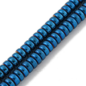 Electroplated Synthetic Non-magnetic Hematite Beads Strands, Disc, Heishi Beads, Blue Plated, 4.5x2mm, Hole: 1mm, about 189~191pcs/strand, 15.55''~15.83''(39.5~40.1cm)