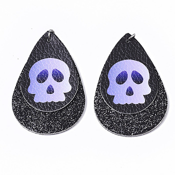 Halloween Theme, PU Leather Big Pendants, with Glitter Powder and Platinum Tone Stainless Steel Jump Rings, teardrop, with Skull , Black, 56x37x3mm, Hole: 4mm