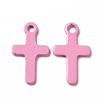 Spray Painted 201 Stainless Steel Pendants, Cross Charm, Pearl Pink, 21x12.5x2mm, Hole: 2mm