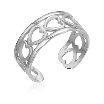 Titanium Steel Open Cuff Rings, Hollow Heart, Stainless Steel Color, Inner Diameter: 19mm