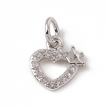 Brass Micro Pave Clear Cubic Zirconia Charms, with Open Jump Rings, Hollow Heart with Crown, Platinum, 10x9x1.5mm, Ring: 5x0.8mm, Hole: 3mm