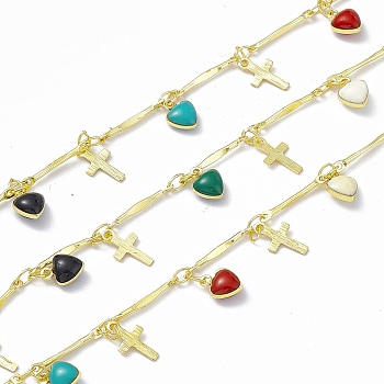 Handmade Brass Bar Link Chains, with Cross & Colorful Heart Charms, Soldered, with Spool, Real 18K Gold Plated, Link: 14x1.4x1mm