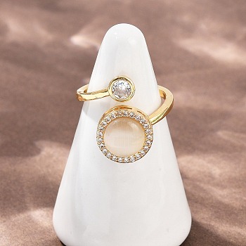 Rotatable Brass Micro Pave Cubic Zirconia Open Rings for Women, Resin Flat Round Fidget Cuff Rings, Golden, Inner Diameter: 17mm