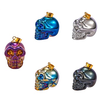 5Pcs 5 Color Electroplate K9 Glass Pendants, with Golden Plated Brass Bails, Skull, Halloween, Mixed Color, 25x26~27x19mm, Hole: 5x3mm, 1pc/color