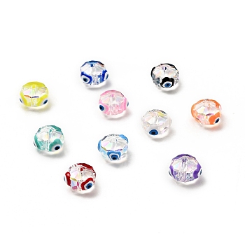 Transparent Glass Beads, with Enamel, Faceted, Rondelle with Evil Eye Pattern, Mixed Color, 10x7.5mm, Hole: 1.5mm
