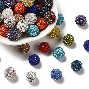 100Pcs Glass Rhinestone Clay Pave Round Beads, Pave Disco Ball Beads, Mixed Color, PP15(2.1~2.2mm), 6 Rows Rhinestone, 10mm, Hole: 1.8mm