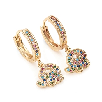 Brass Micro Pave Cubic Zirconia Huggie Hoop Earrings, Long-Lasting Plated, Elephant, Colorful, Golden, 27.5mm, Pin: 1mm