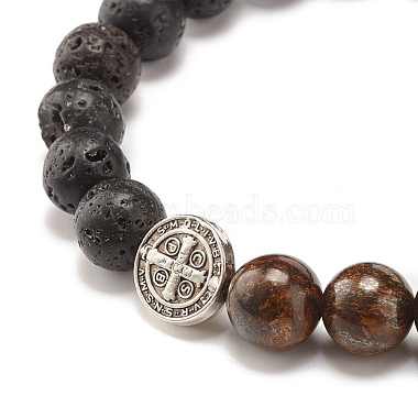Natural Bronzite & Lava Rock Round Beads Stretch Bracelet(BJEW-JB07457)-4