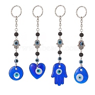 Handmade Evil Eye Lampwork Pendant Keychain, Iron Keychain with Natural Lava Rock, Teardrop & Heart & Round & Hamsa Hand, Blue, 152~170mm, 4pcs/set(KEYC-JKC00449)