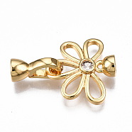 Brass Micro Pave Clear Cubic Zirconia Fold Over Clasps, Nickel Free, Flower, Real 18K Gold Plated, 25mm long, Flower: 16.5x17.5x5mm, Hole: 3mm, Clasps: 12x7x5.5mm, Hole: 3.5mm(KK-T063-106G-NF)