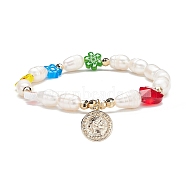 Natural Pearl & Millefiori Glass Beaded Stretch Bracelet with Heart and Coin Charm for Women, Colorful, Inner Diameter: 2-1/8 inch(5.5cm)(BJEW-TA00060)