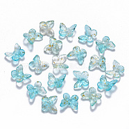 Two Tone Transparent Spray Painted Glass Charms, with Glitter Powder, Butterfly, Turquoise, 9.5x11x3mm, Hole: 0.8mm(GLAA-T016-22B)