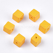 Painted Natural Wood Beads, Cube, Gold, 10x10x10mm, Hole: 2mm(X-WOOD-T021-07G)